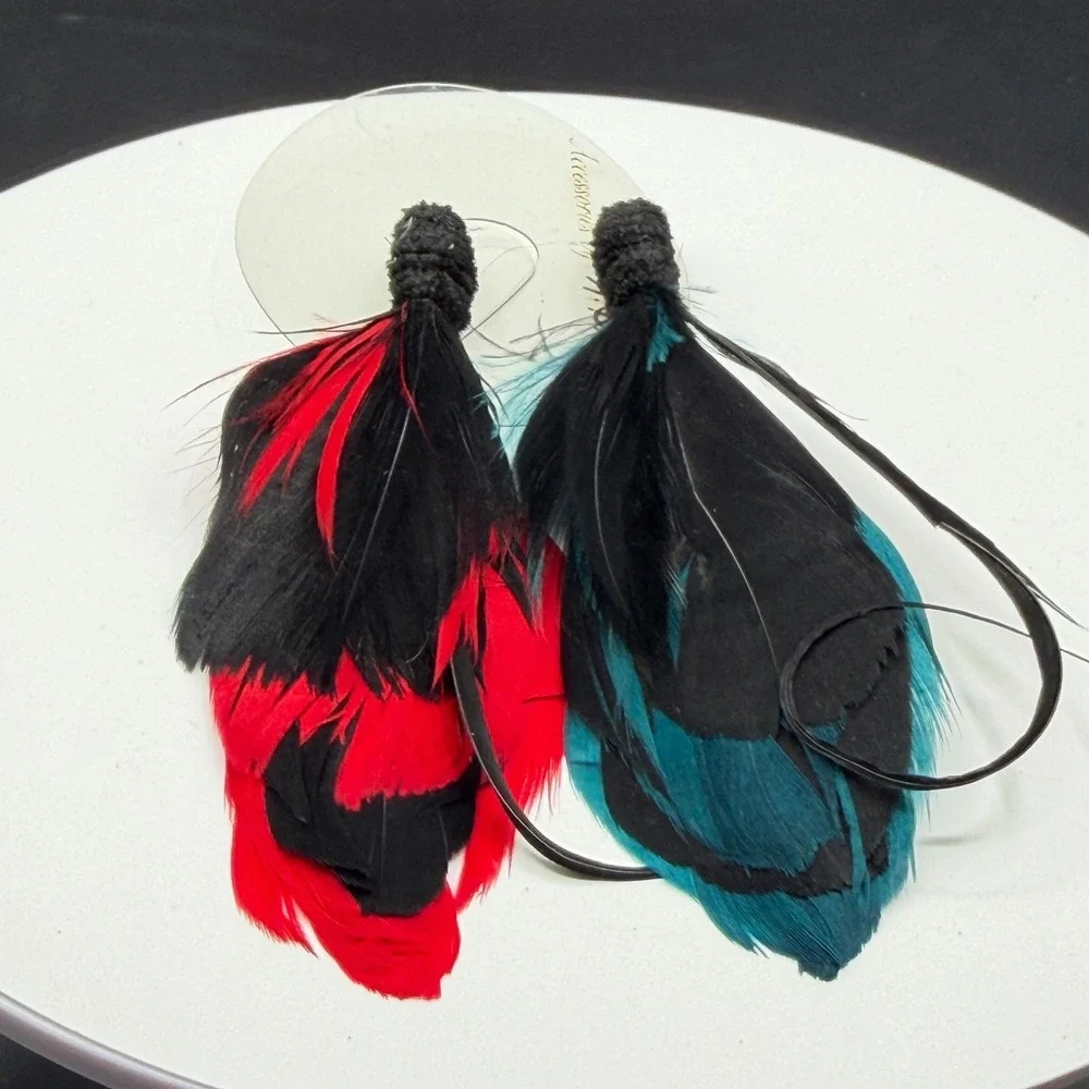 Red Teal Black Feather Brooch Pins Pair Boho Statement Costume Jewelry Set Lot